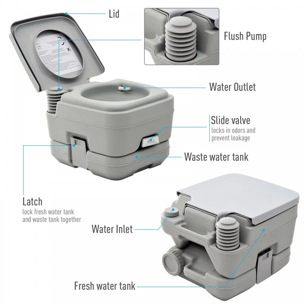 10L Portable Travel Toilet Outdoor Camping Picnic with 2 Detachable Tanks & Push-button Operation, Grey