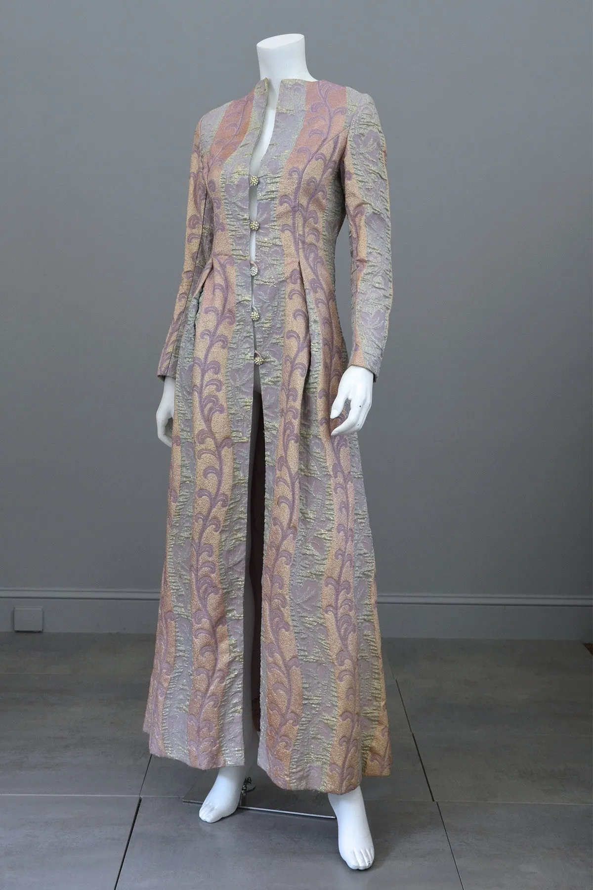 1960s 70s Lurex Brocade Maxi Evening Dress Coat XS