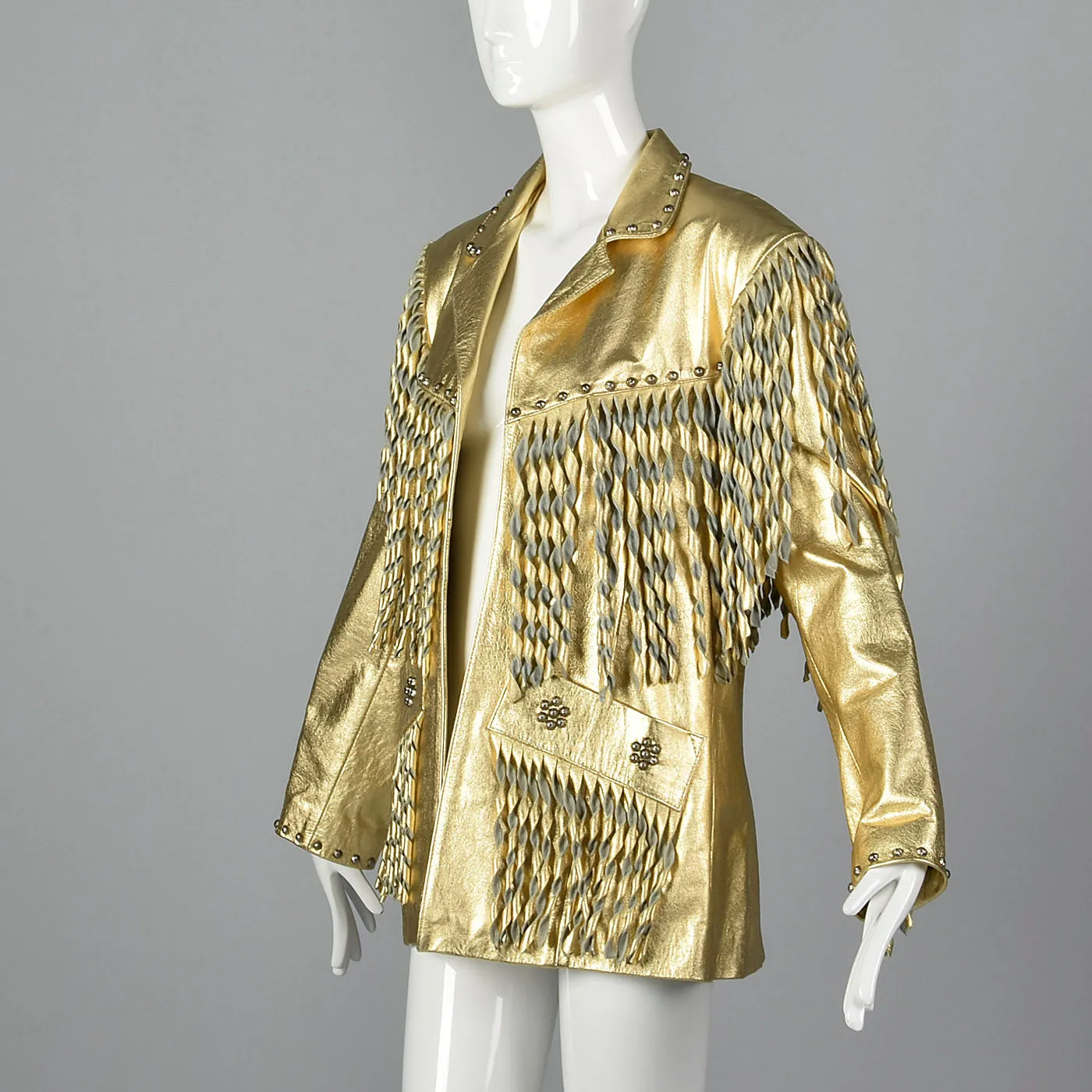 1980s Metallic Gold Leather Coat with Fringe Trim