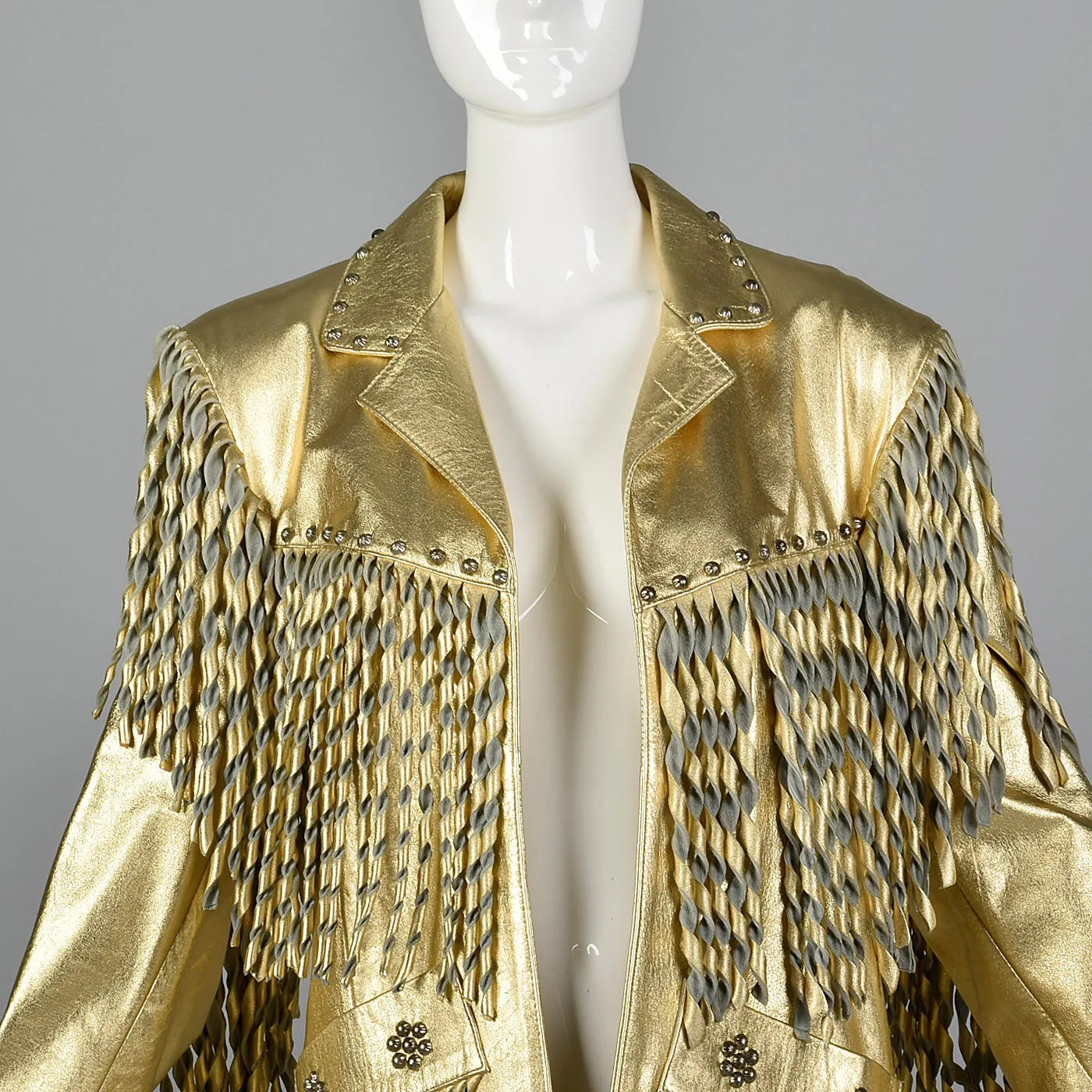 1980s Metallic Gold Leather Coat with Fringe Trim