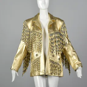 1980s Metallic Gold Leather Coat with Fringe Trim