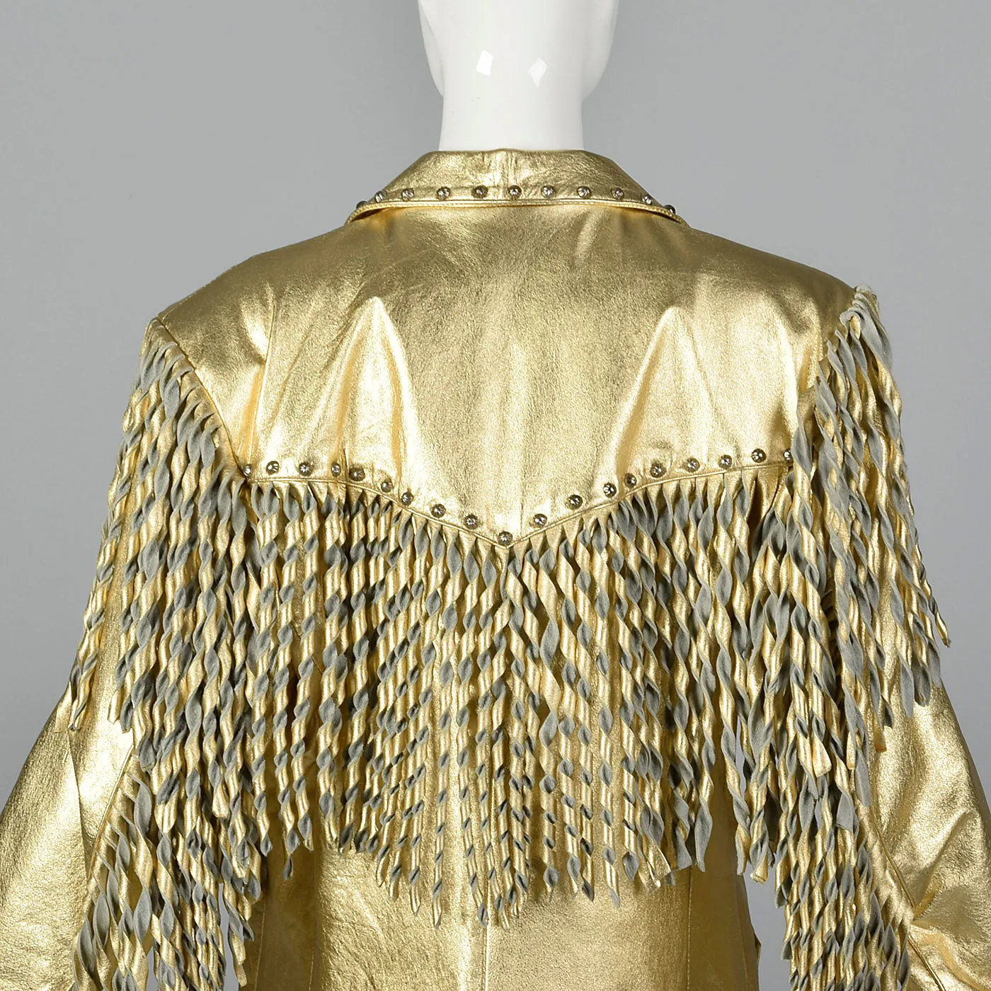 1980s Metallic Gold Leather Coat with Fringe Trim