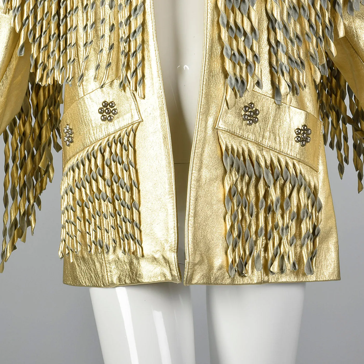 1980s Metallic Gold Leather Coat with Fringe Trim