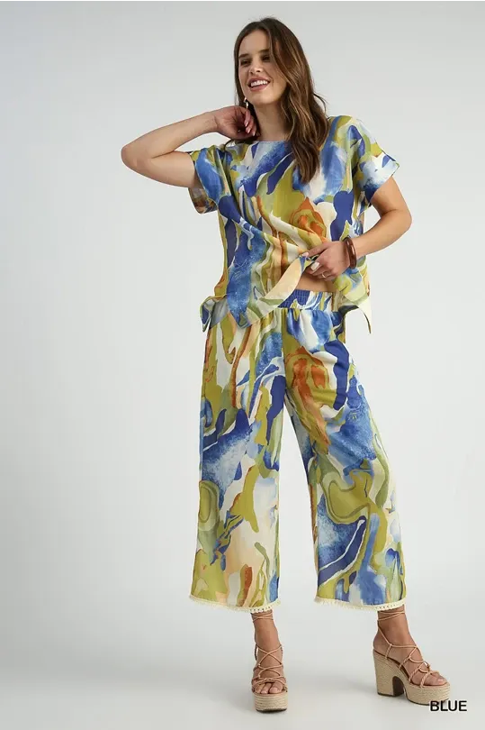 Abstract Print Wide Leg Pants with Trim Details - Blue