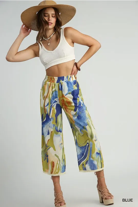 Abstract Print Wide Leg Pants with Trim Details - Blue