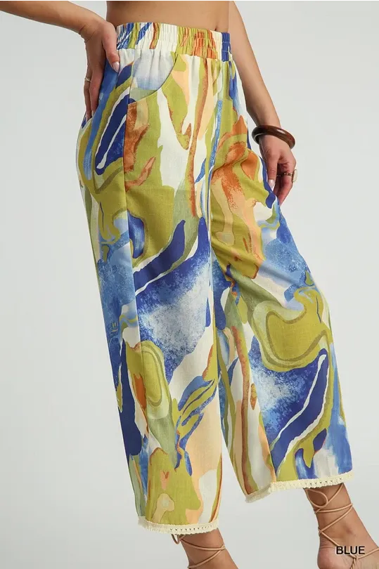 Abstract Print Wide Leg Pants with Trim Details - Blue