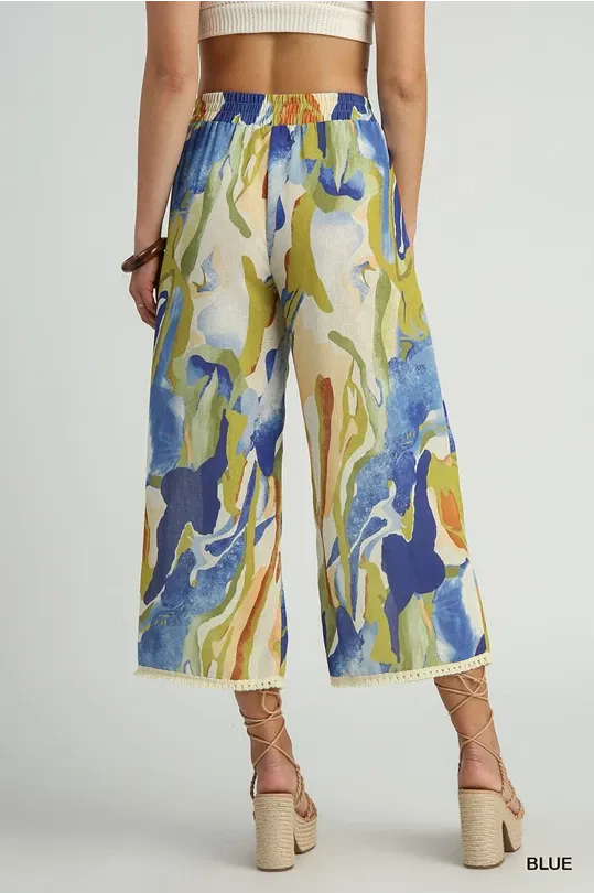 Abstract Print Wide Leg Pants with Trim Details - Blue