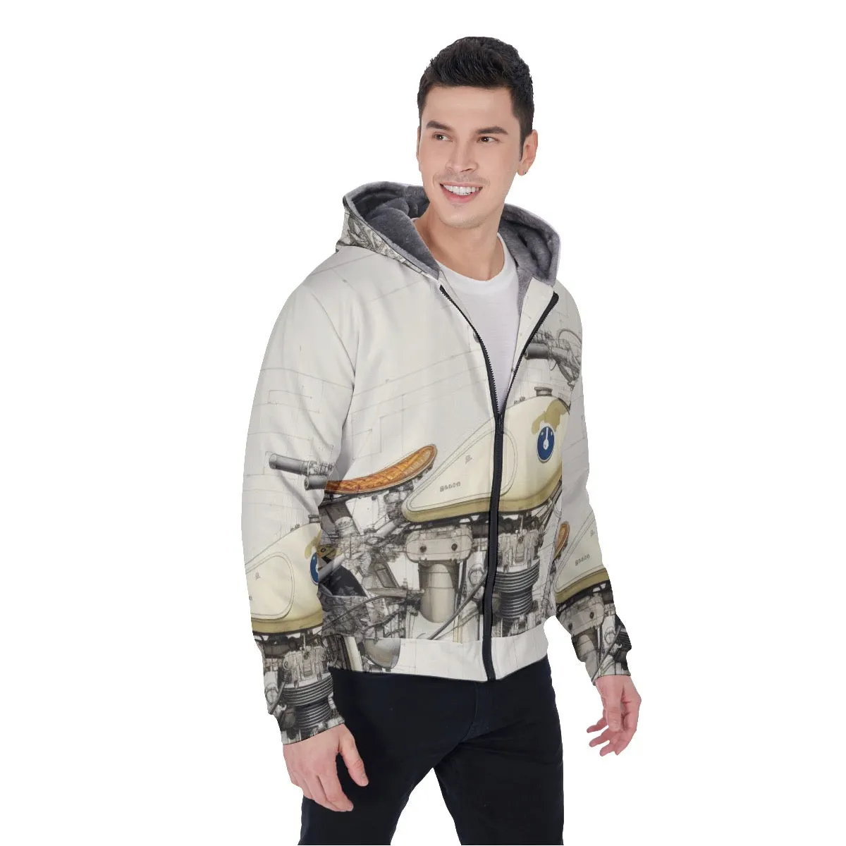 All-Over Print Men's Sherpa Fleece Zip Up Hoodie, white, motorcycle print, #25m