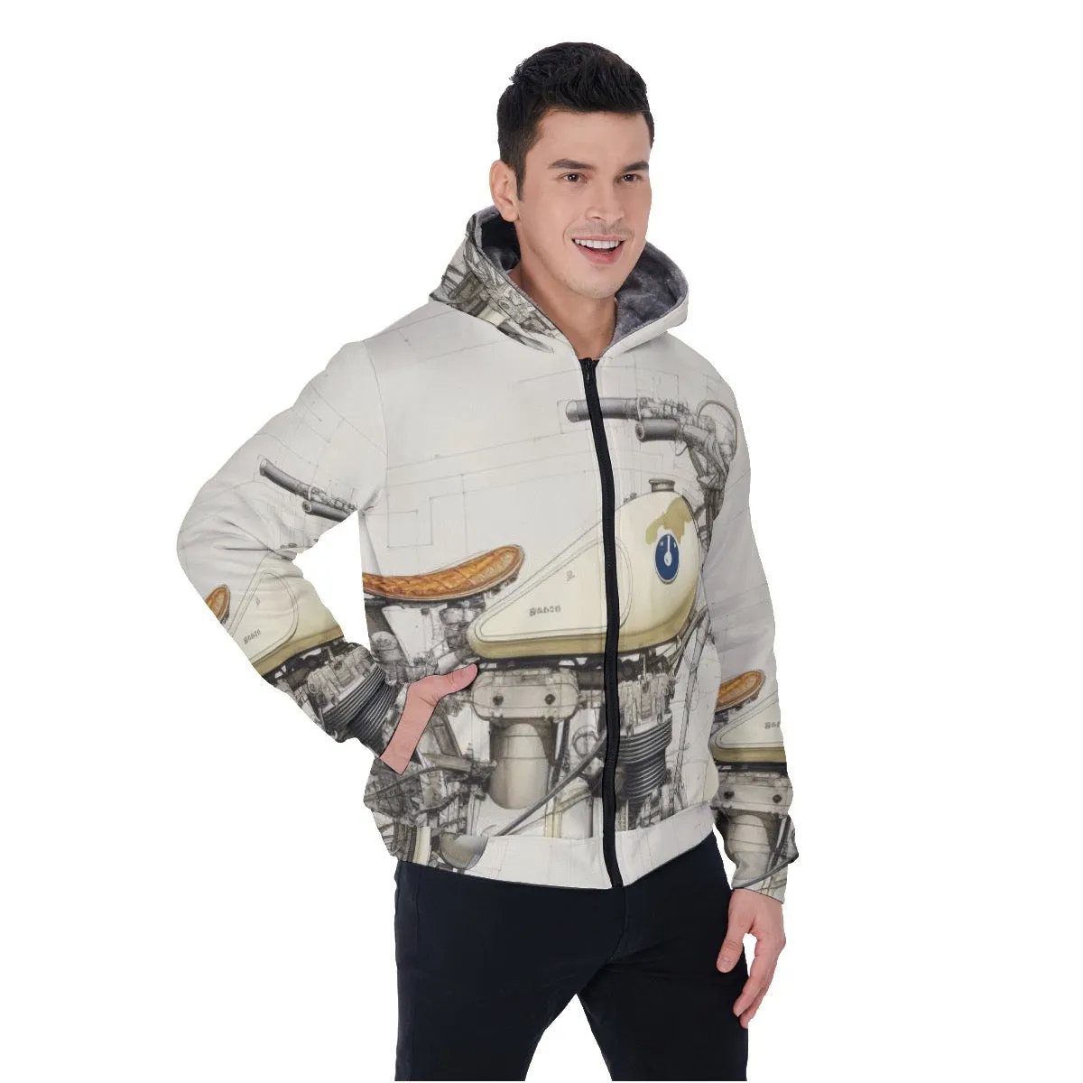 All-Over Print Men's Sherpa Fleece Zip Up Hoodie, white, motorcycle print, #25m