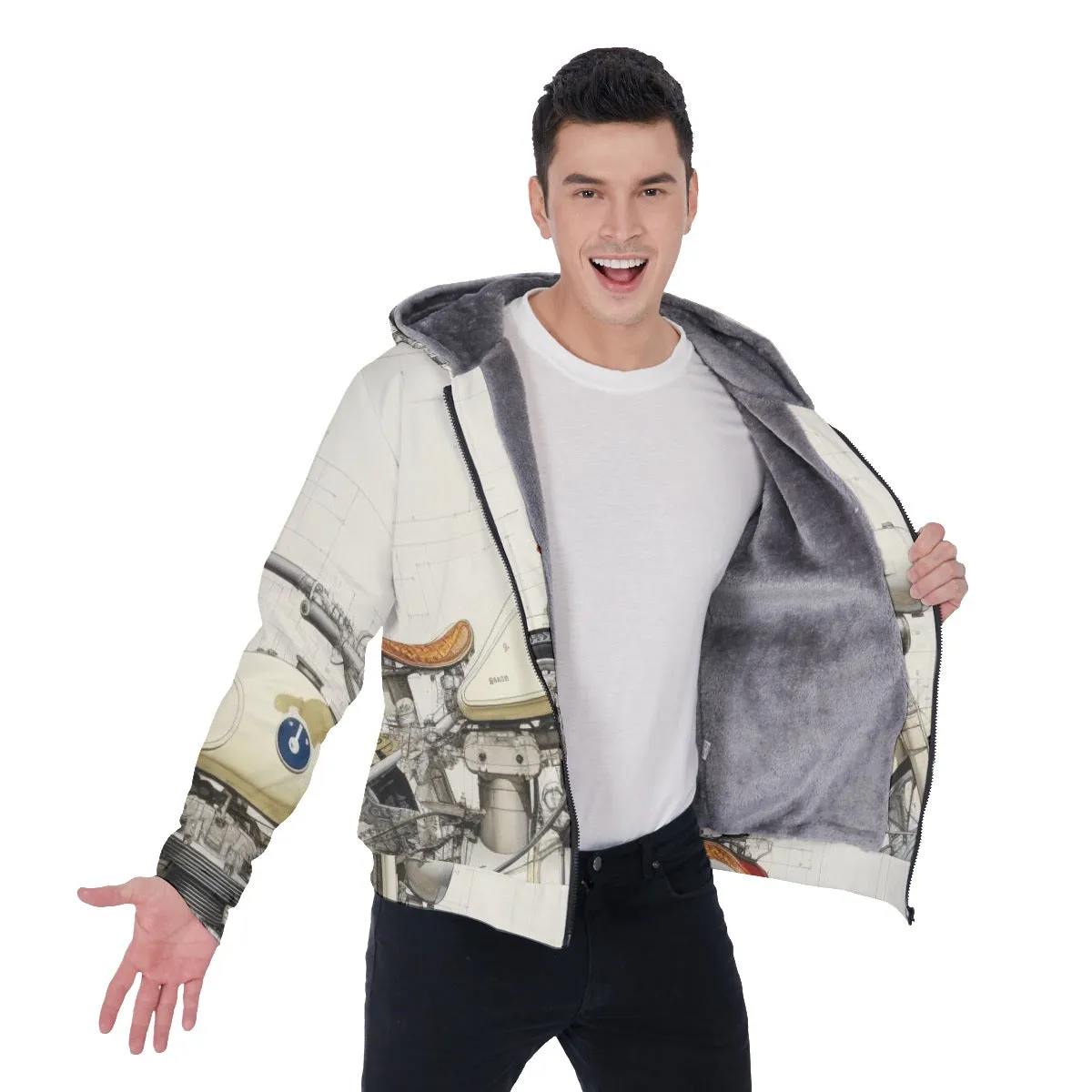 All-Over Print Men's Sherpa Fleece Zip Up Hoodie, white, motorcycle print, #25m