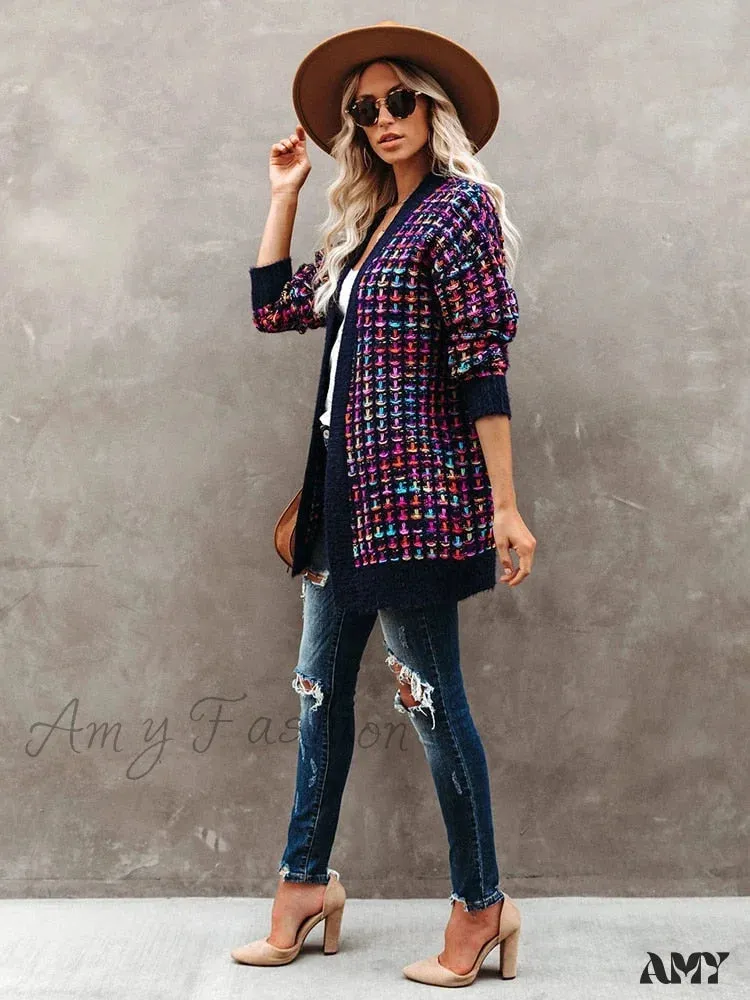 Amy Fashion - Bohemian Plaid Cardigans Vintage Long Coat Female Jacket