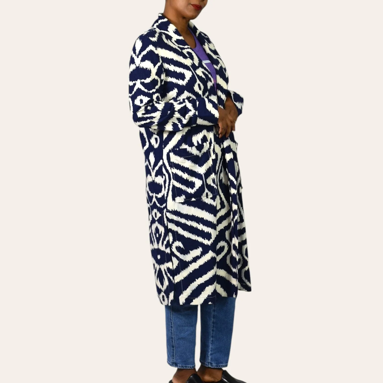 Anthropologie Robbie Duster Jacket Coat Blue Abstract Geometric Linen Print Open Front Long Midi Small