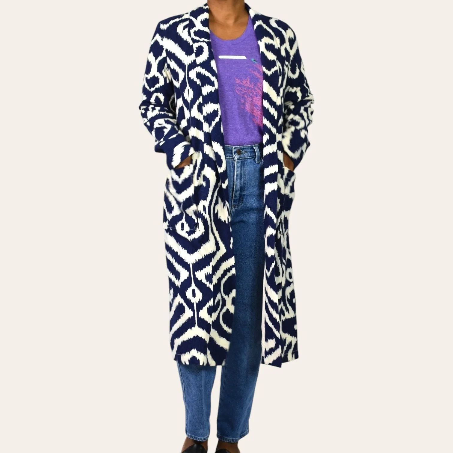 Anthropologie Robbie Duster Jacket Coat Blue Abstract Geometric Linen Print Open Front Long Midi Small