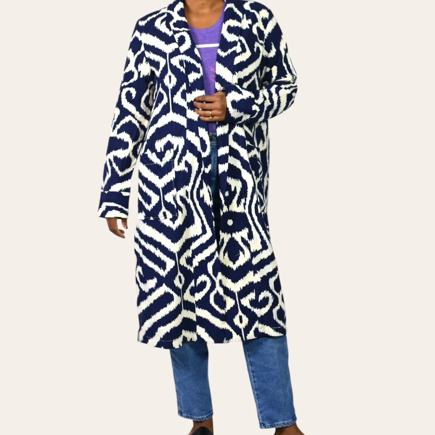 Anthropologie Robbie Duster Jacket Coat Blue Abstract Geometric Linen Print Open Front Long Midi Small