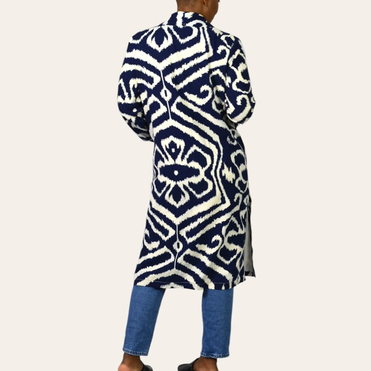 Anthropologie Robbie Duster Jacket Coat Blue Abstract Geometric Linen Print Open Front Long Midi Small