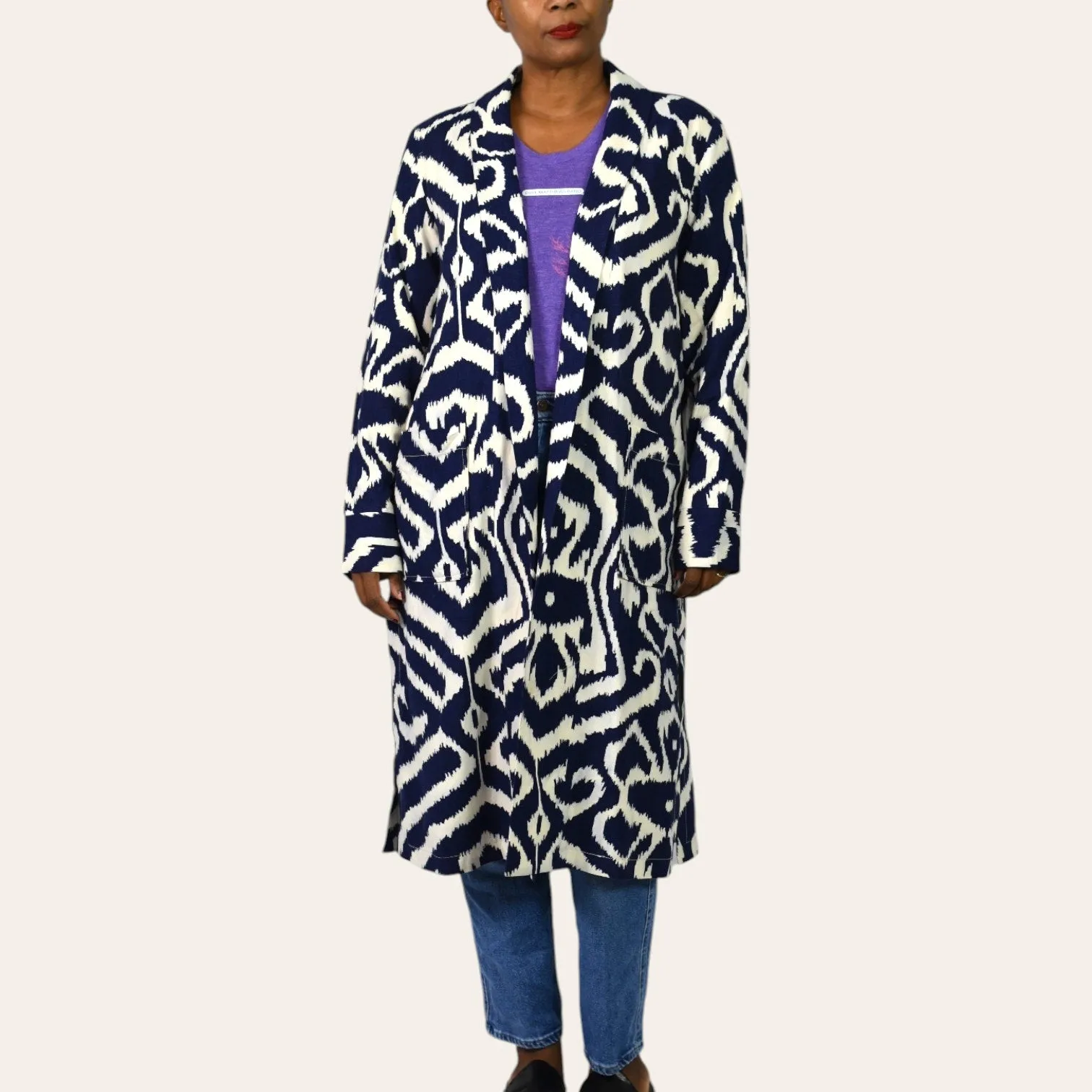 Anthropologie Robbie Duster Jacket Coat Blue Abstract Geometric Linen Print Open Front Long Midi Small