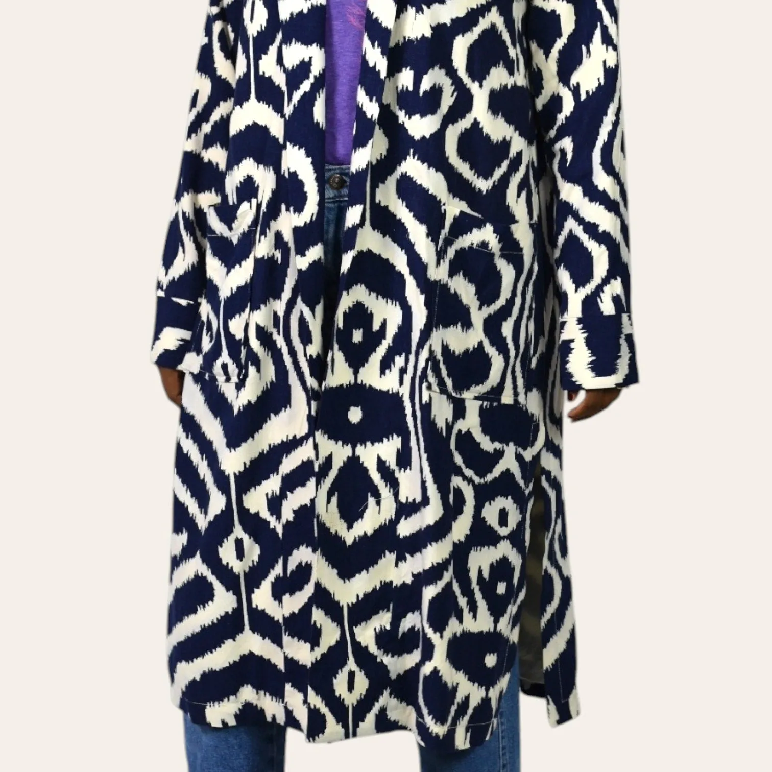 Anthropologie Robbie Duster Jacket Coat Blue Abstract Geometric Linen Print Open Front Long Midi Small