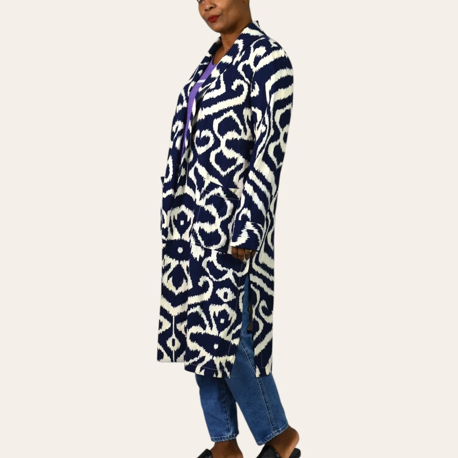 Anthropologie Robbie Duster Jacket Coat Blue Abstract Geometric Linen Print Open Front Long Midi Small