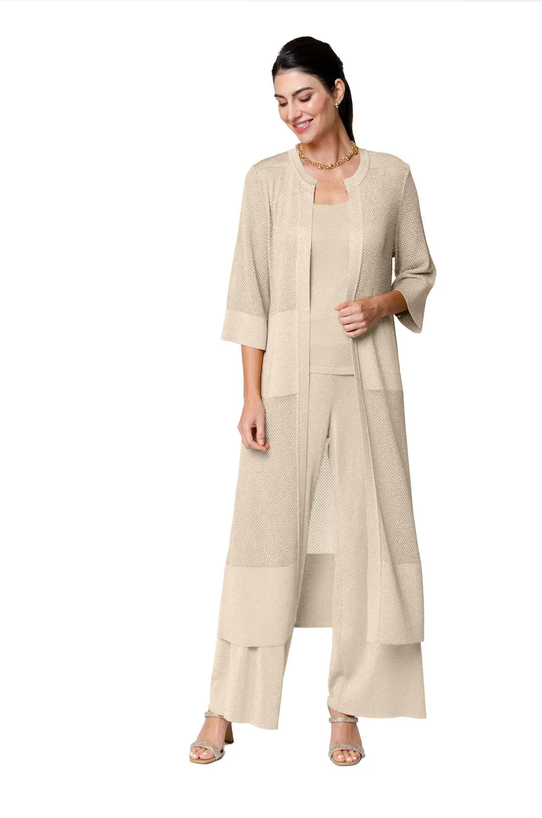 Arianna Shimmery Mesh-Knit Duster / Coat ; Gold Beige