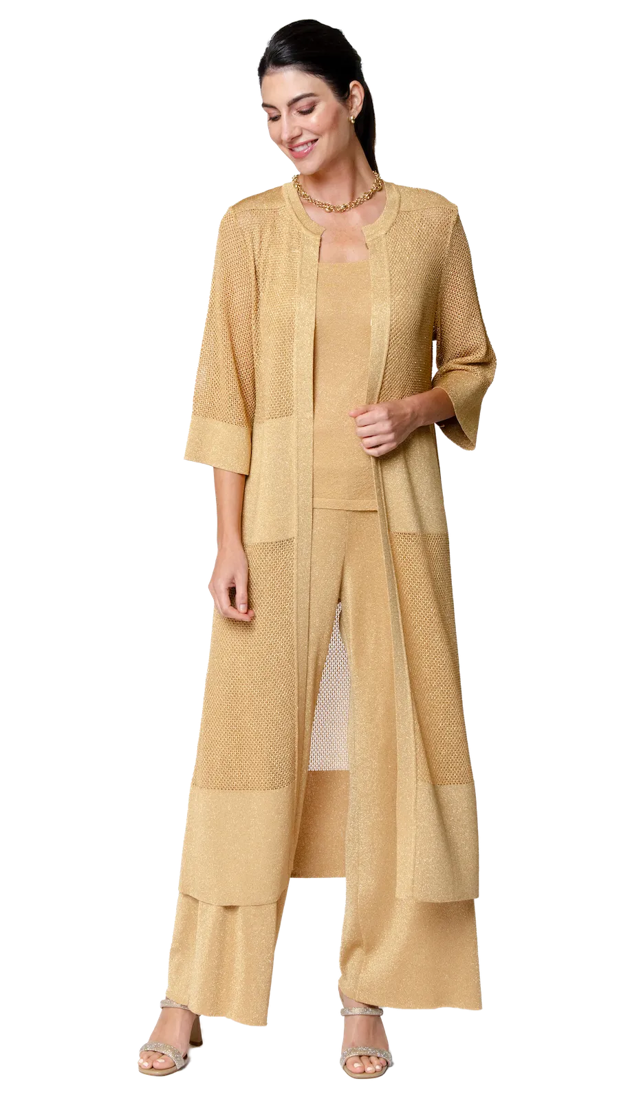 Arianna Shimmery Mesh-Knit Duster Coat - Golden Sands