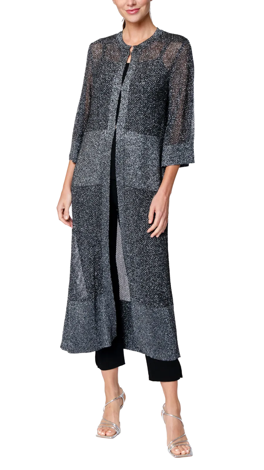 Arianna Shimmery Mesh-Knit Duster Coat - Silver Black