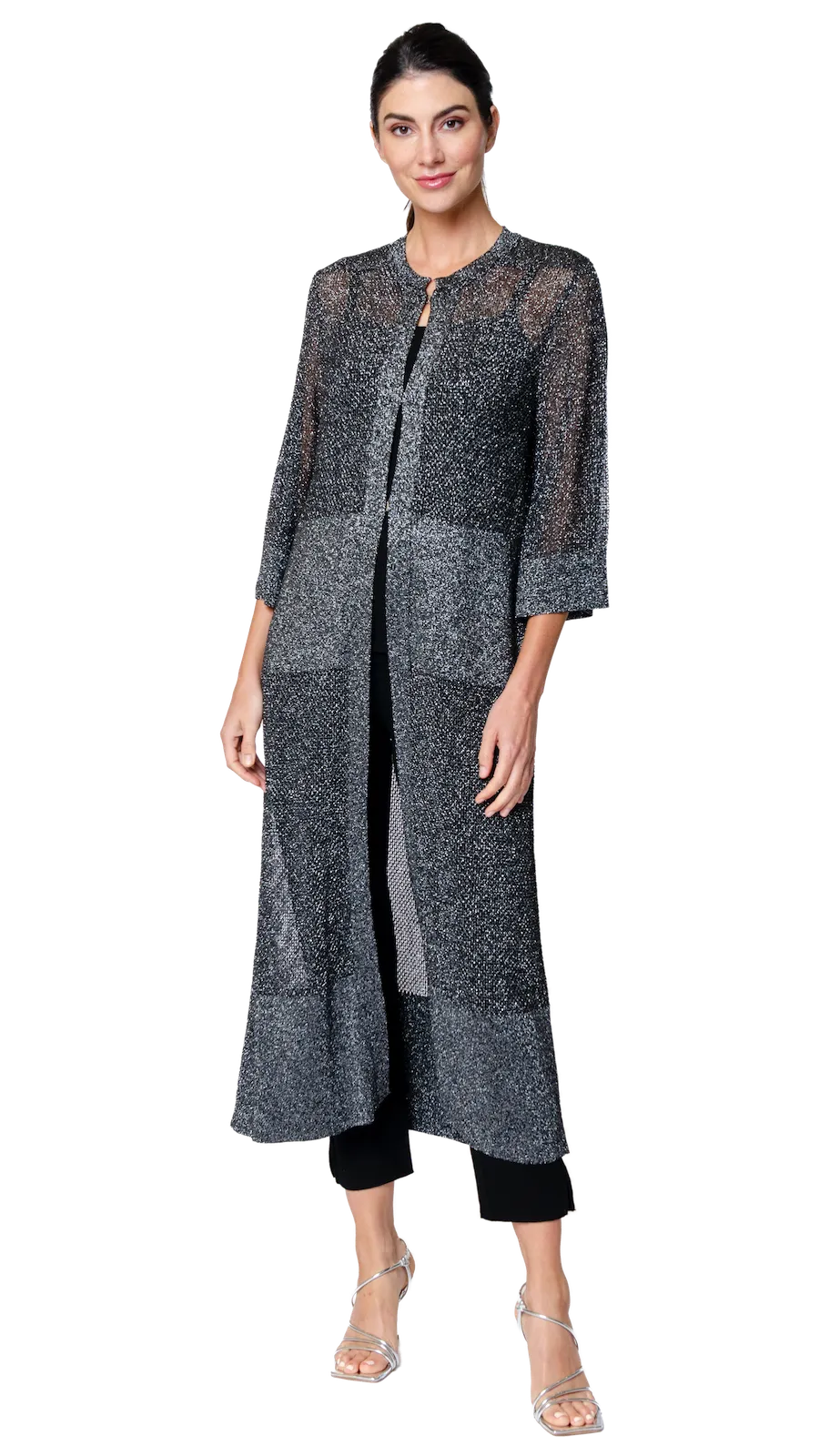 Arianna Shimmery Mesh-Knit Duster Coat - Silver Black