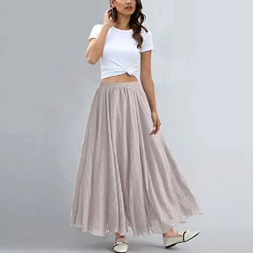 ASHER FASHION Women's Bohemian Style Elastic Waist Band Cotton Linen Long Maxi Skirt Dress (95CM, White)