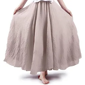 ASHER FASHION Women's Bohemian Style Elastic Waist Band Cotton Linen Long Maxi Skirt Dress (95CM, White)