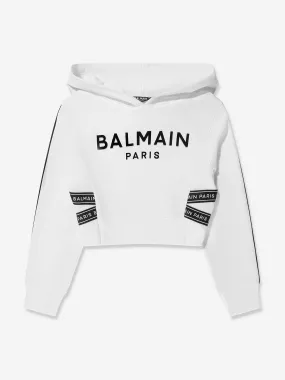 Balmain Girls Cropped Logo Hoodie in White