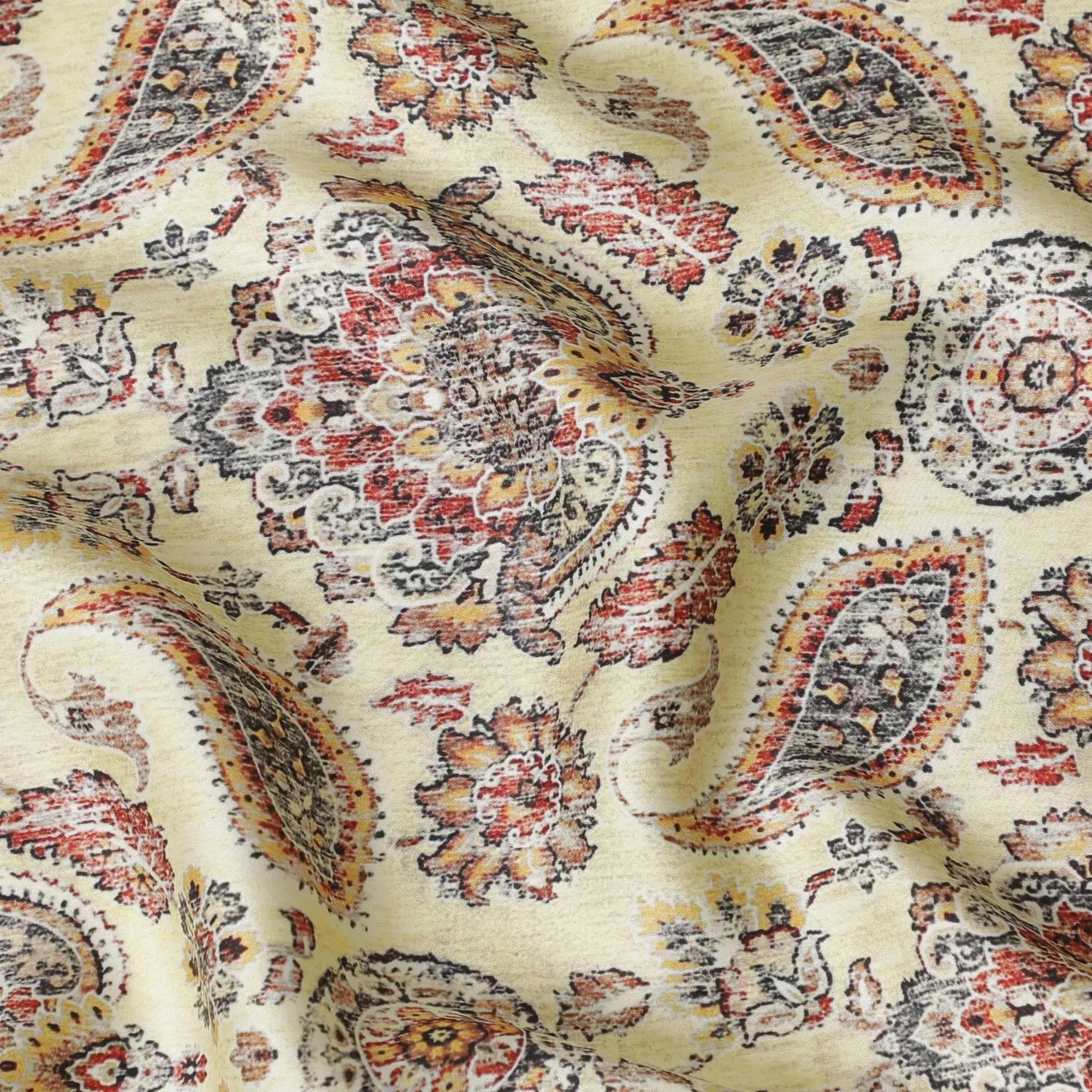 Banana yellow synthetic satin fabric with multicolor print in paisley design-D14174