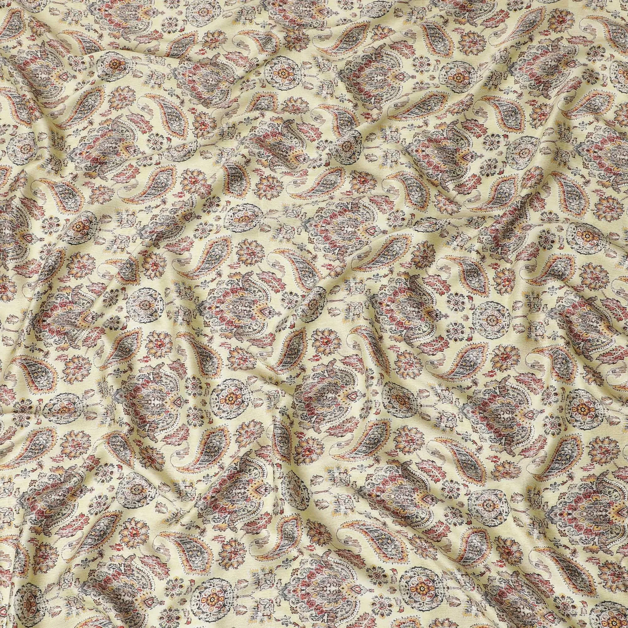 Banana yellow synthetic satin fabric with multicolor print in paisley design-D14174