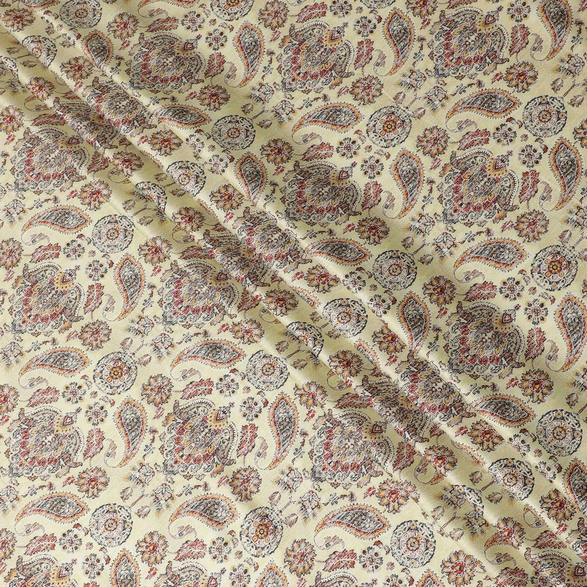 Banana yellow synthetic satin fabric with multicolor print in paisley design-D14174