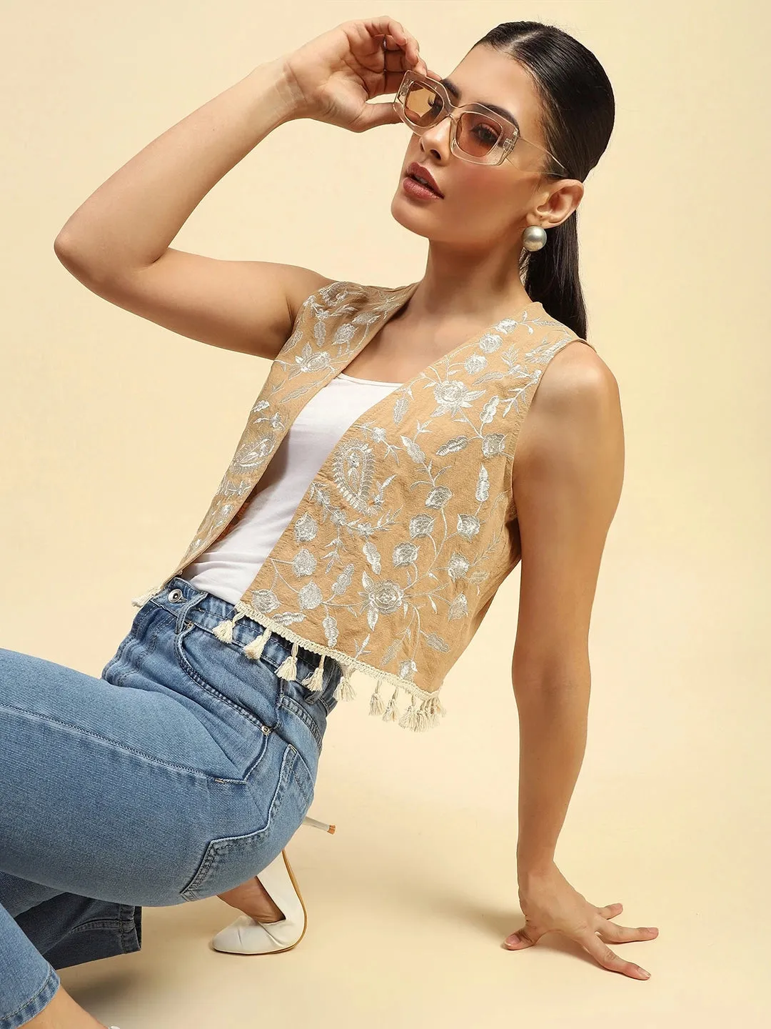 Beige Cotton Embroidered Waist Coat