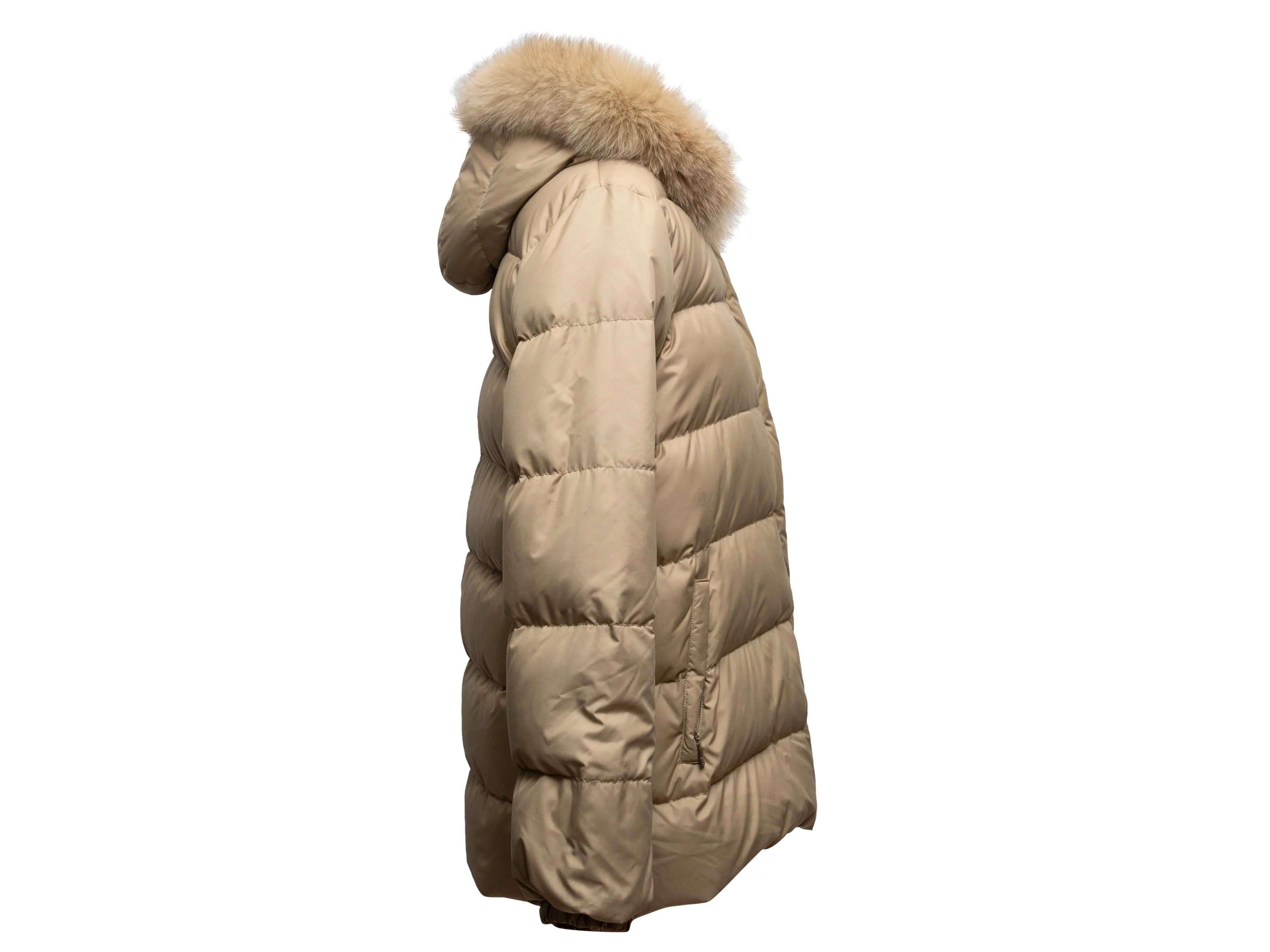 Beige Moncler Fur-Trimmed Hooded Down Puffer Coat Designer Size 3