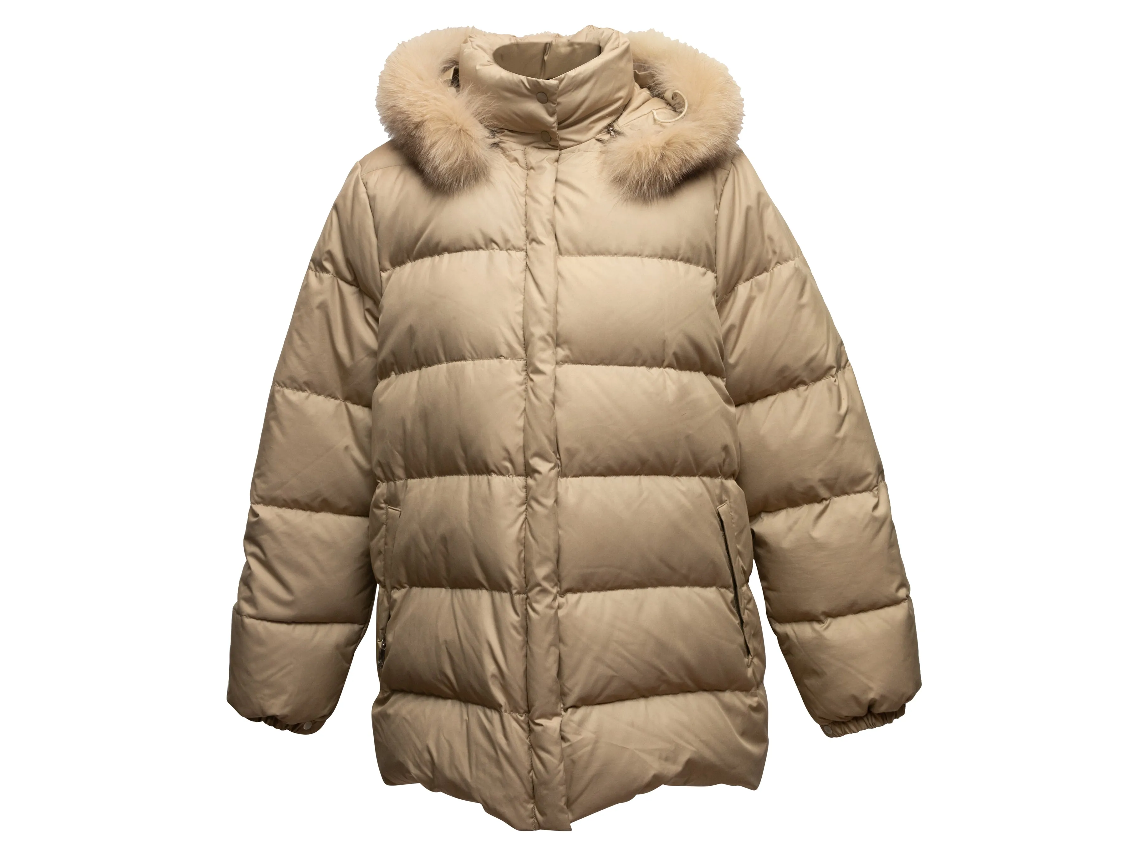 Beige Moncler Fur-Trimmed Hooded Down Puffer Coat Designer Size 3