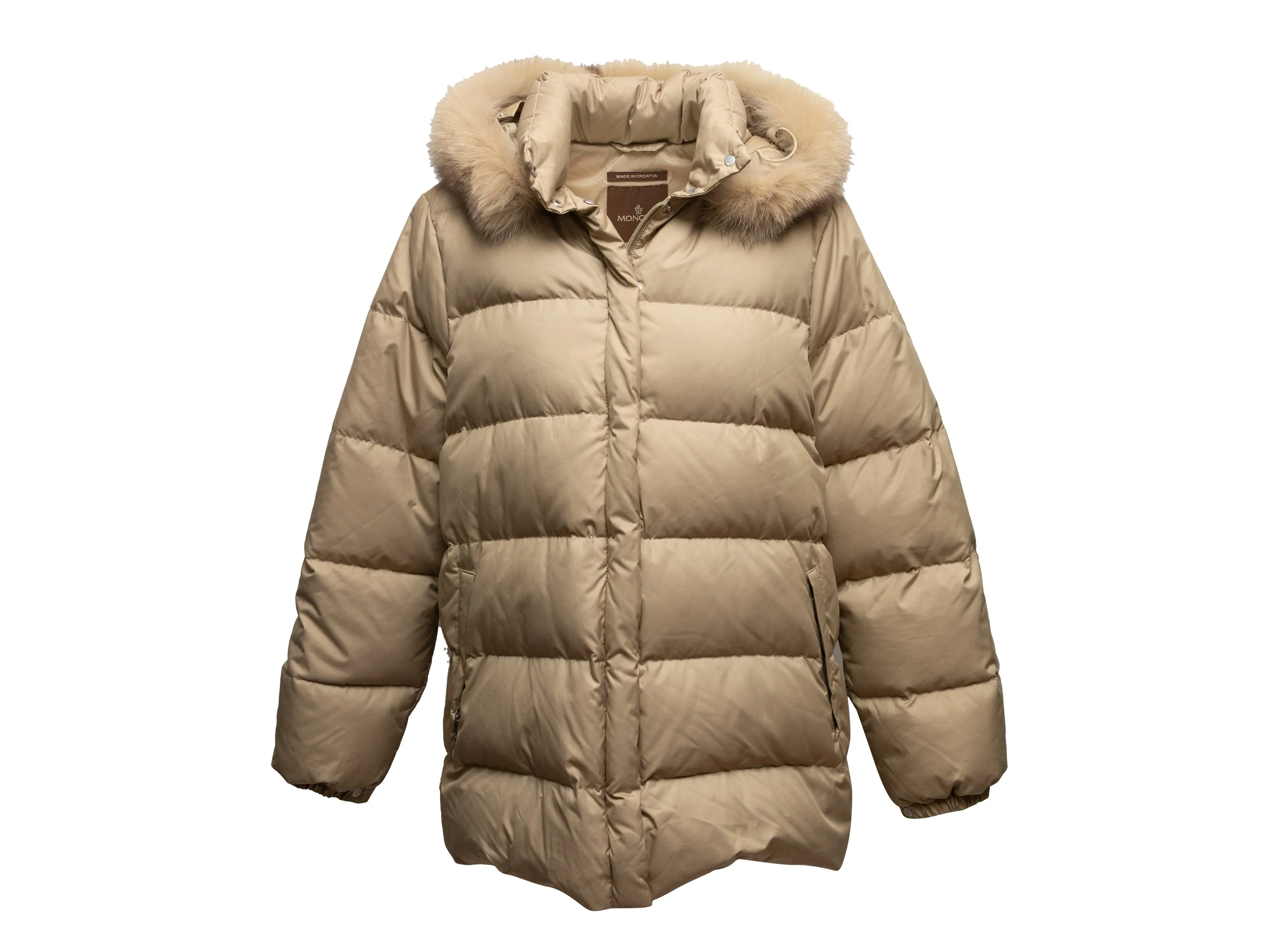 Beige Moncler Fur-Trimmed Hooded Down Puffer Coat Designer Size 3