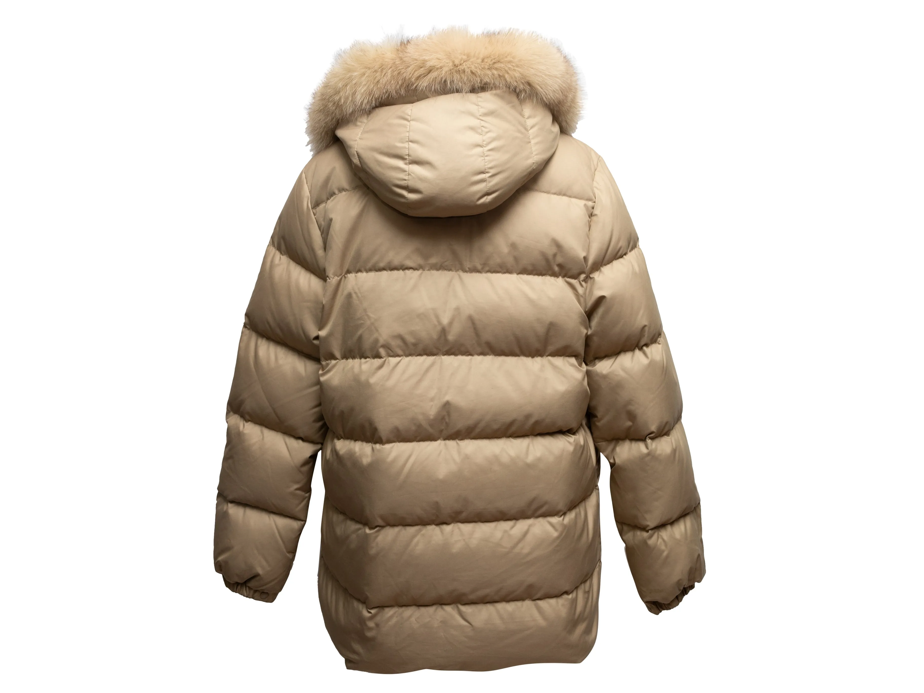 Beige Moncler Fur-Trimmed Hooded Down Puffer Coat Designer Size 3