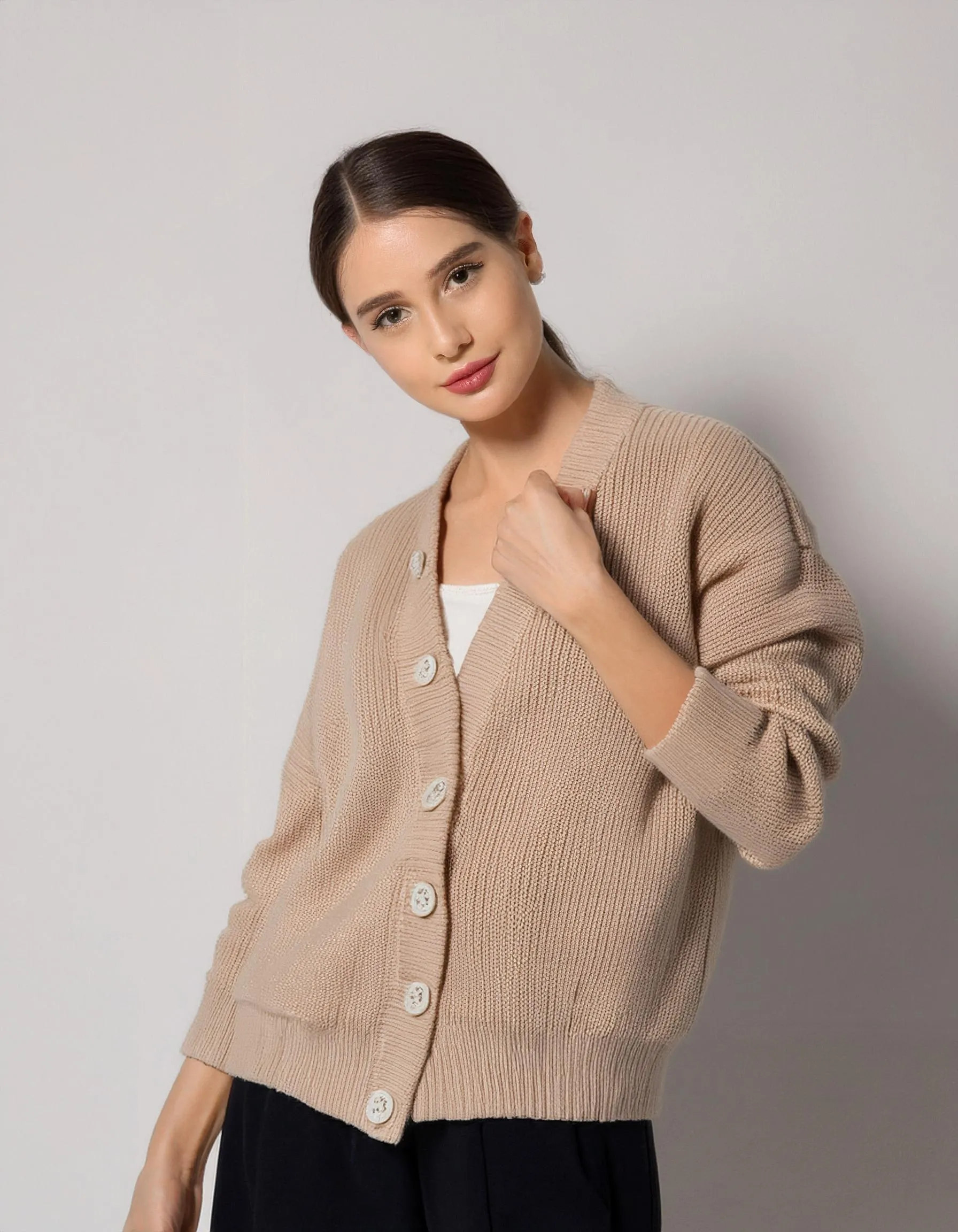 Beige Shawl Collar Cardigan