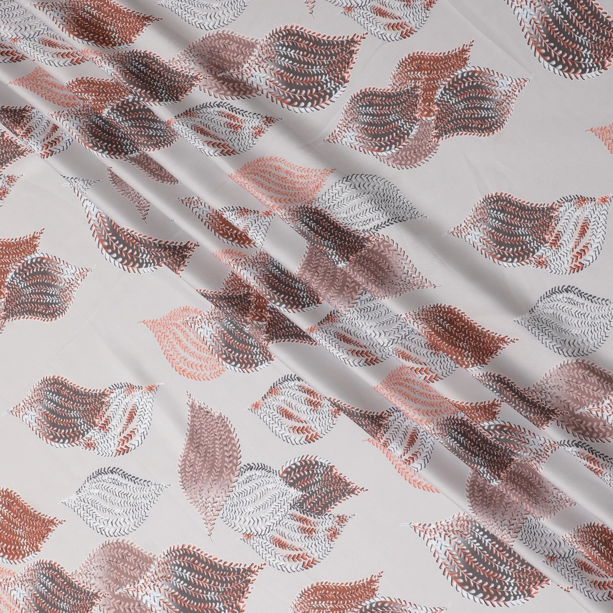 Beige synthetic satin fabric with multicolor print in leaf design-D16837