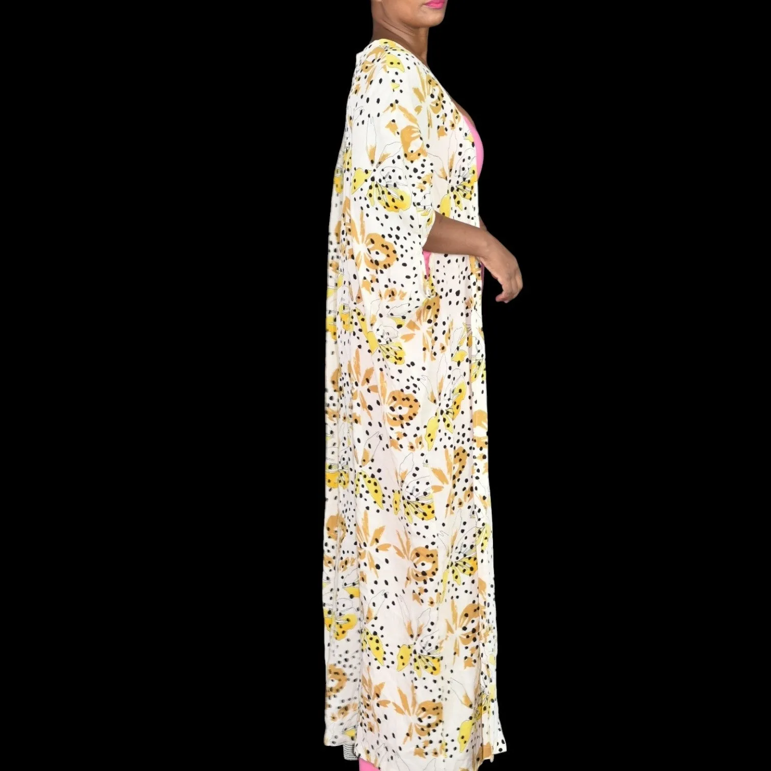 Bel Kazan Sadie Duster Kimono Yellow Rayon Print Anthropologie Long Maxi One Size