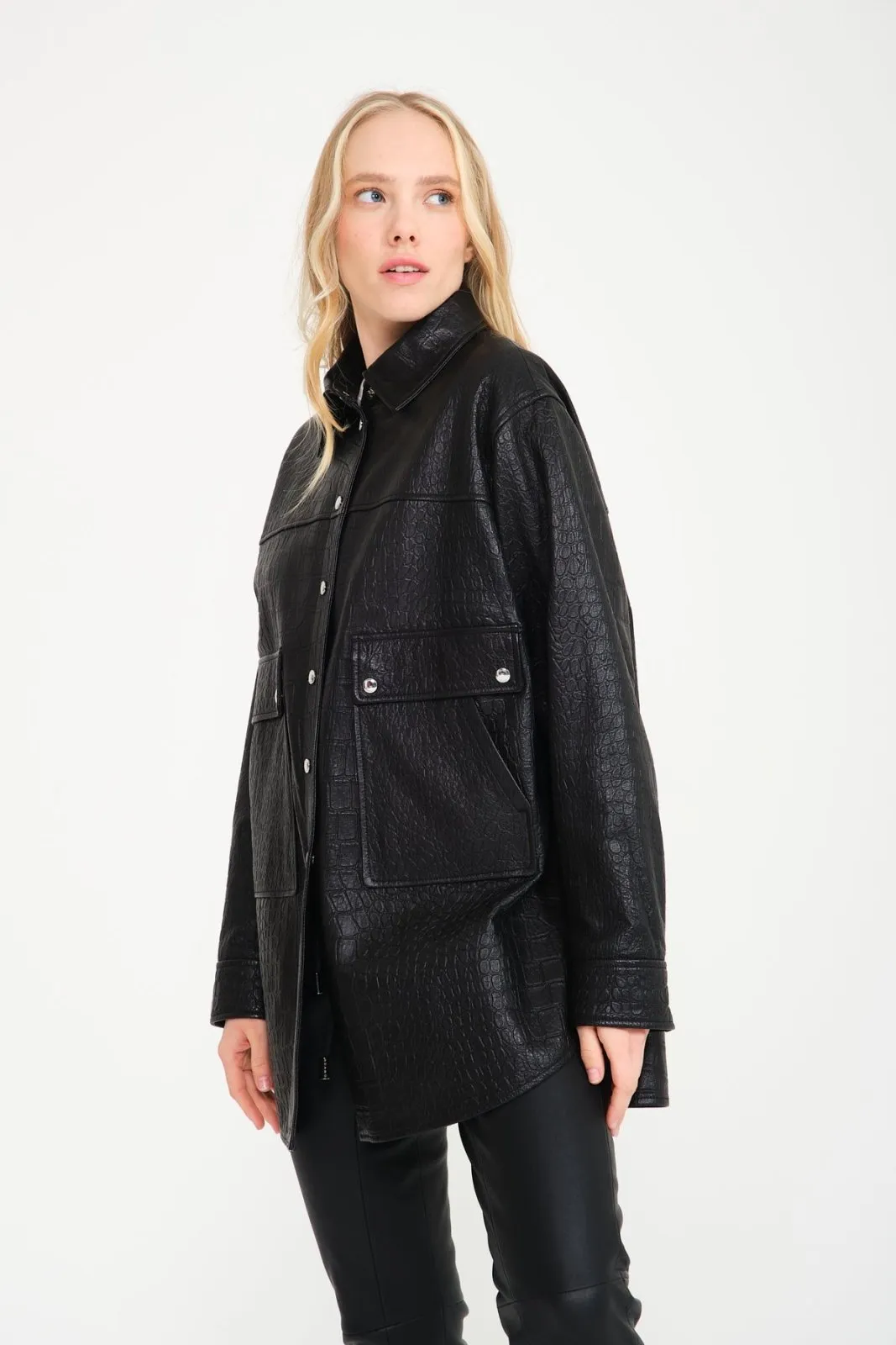 Black Crocodile Pattern Leather Coat