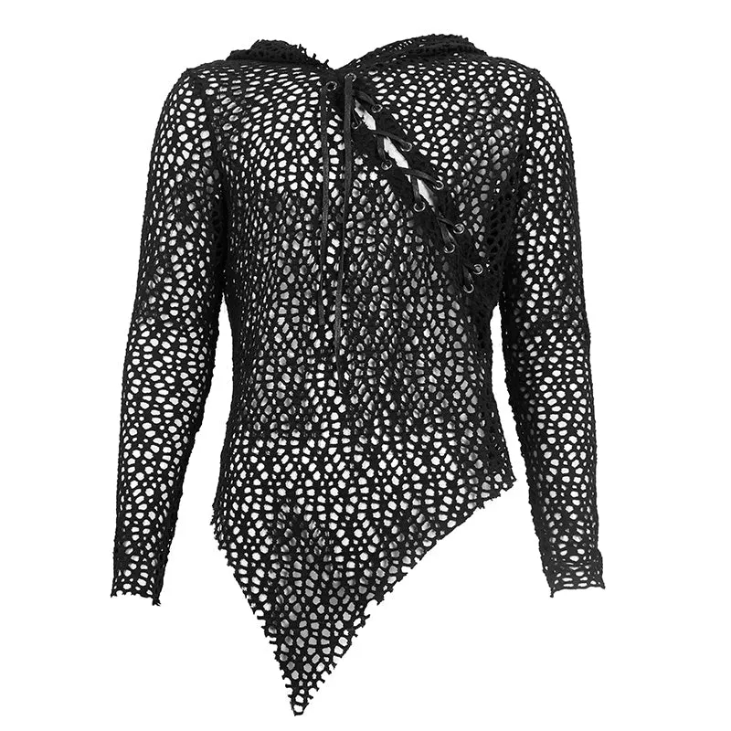 Black Hooded Pull-Over Large Net Long Sleeved Shirt