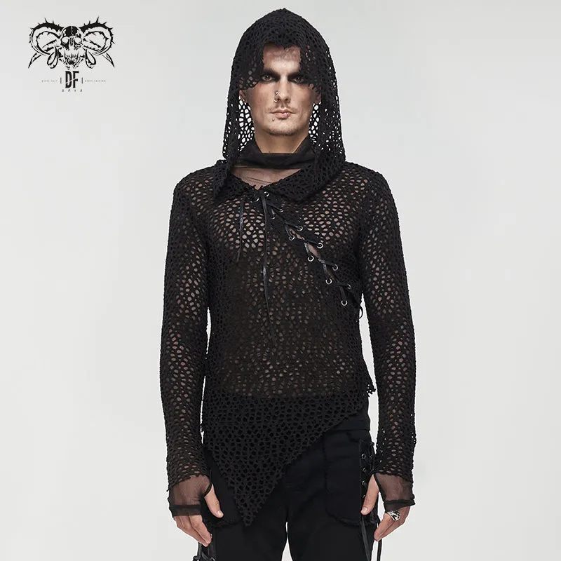 Black Hooded Pull-Over Large Net Long Sleeved Shirt