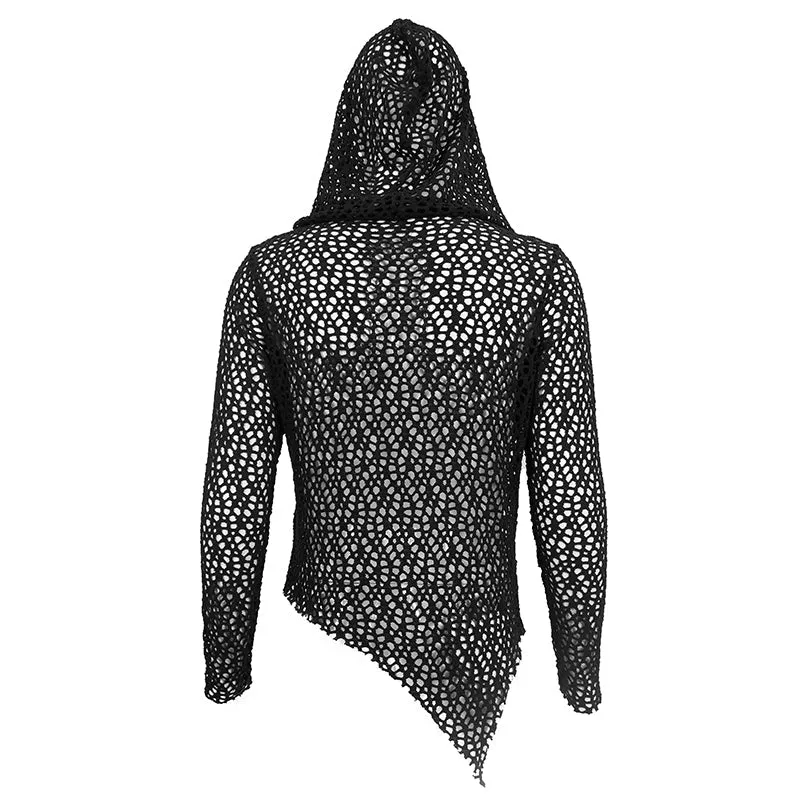 Black Hooded Pull-Over Large Net Long Sleeved Shirt