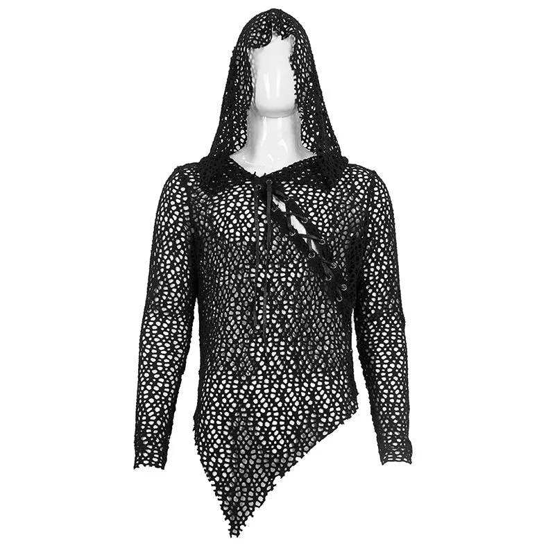 Black Hooded Pull-Over Large Net Long Sleeved Shirt