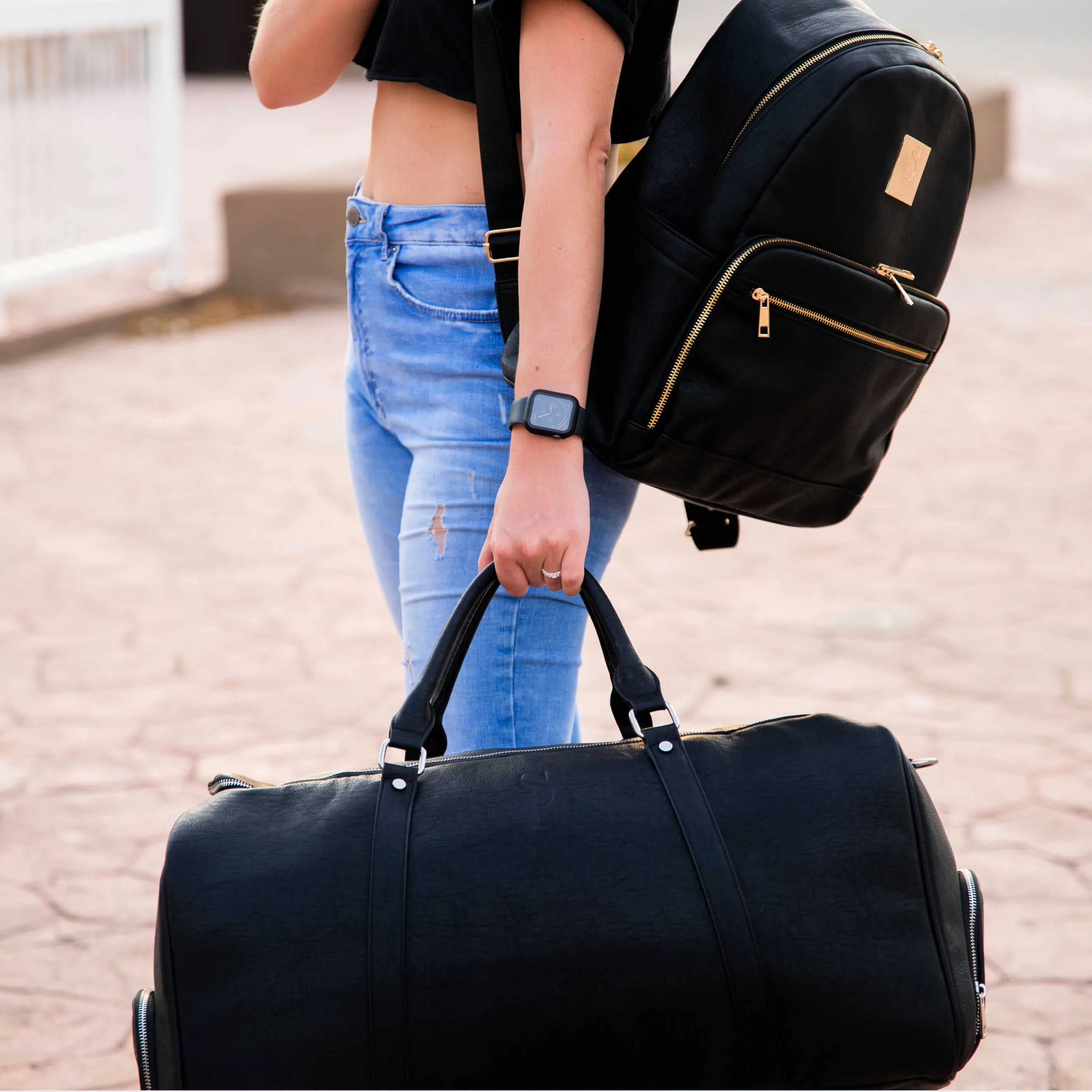 Black Leather Carrier and Duffle Set