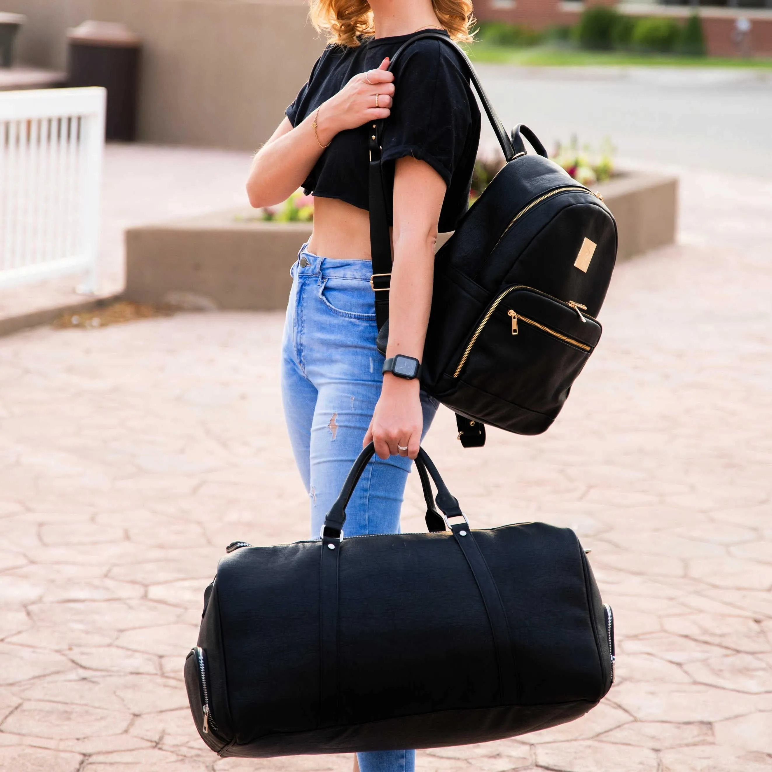 Black Leather Carrier and Duffle Set