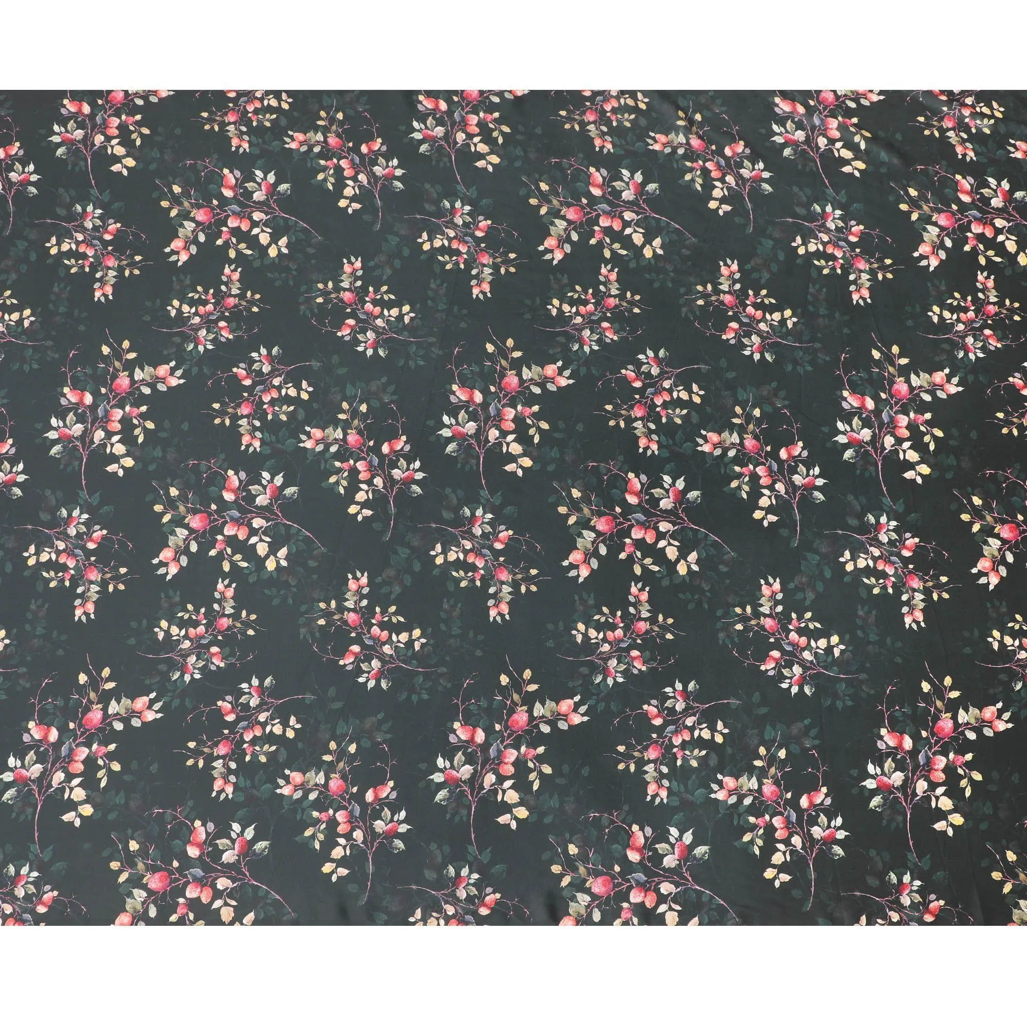 Black synthetic satin fabric with multicolor print in floral design-D10269