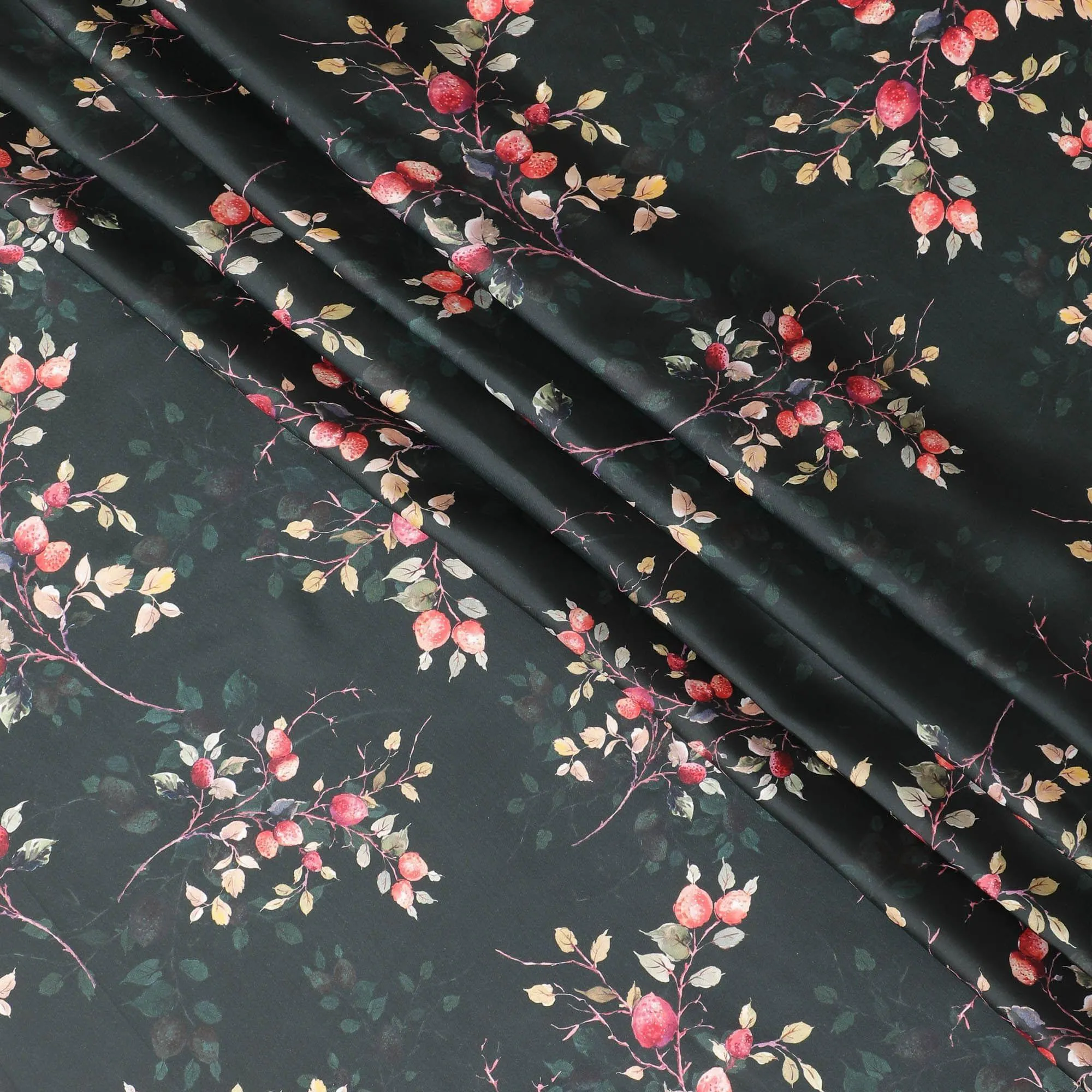 Black synthetic satin fabric with multicolor print in floral design-D10269