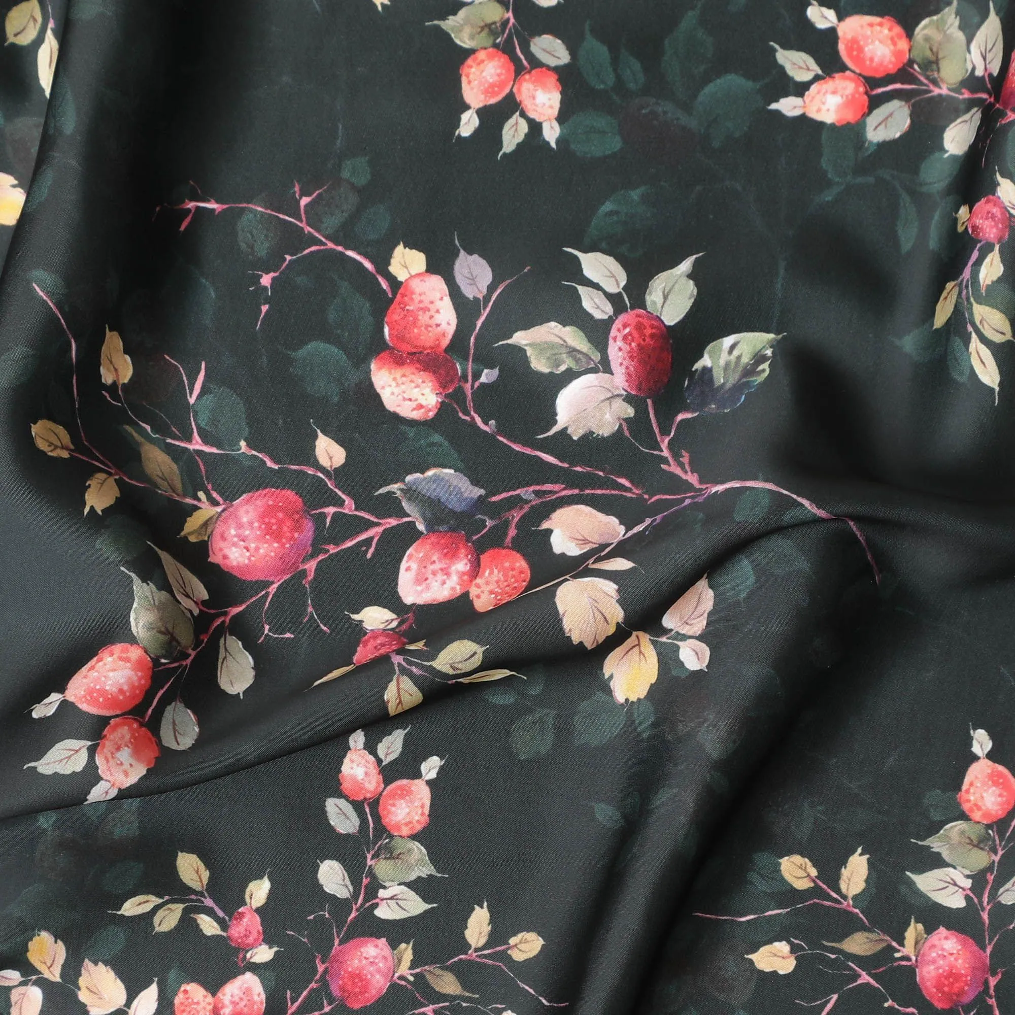 Black synthetic satin fabric with multicolor print in floral design-D10269